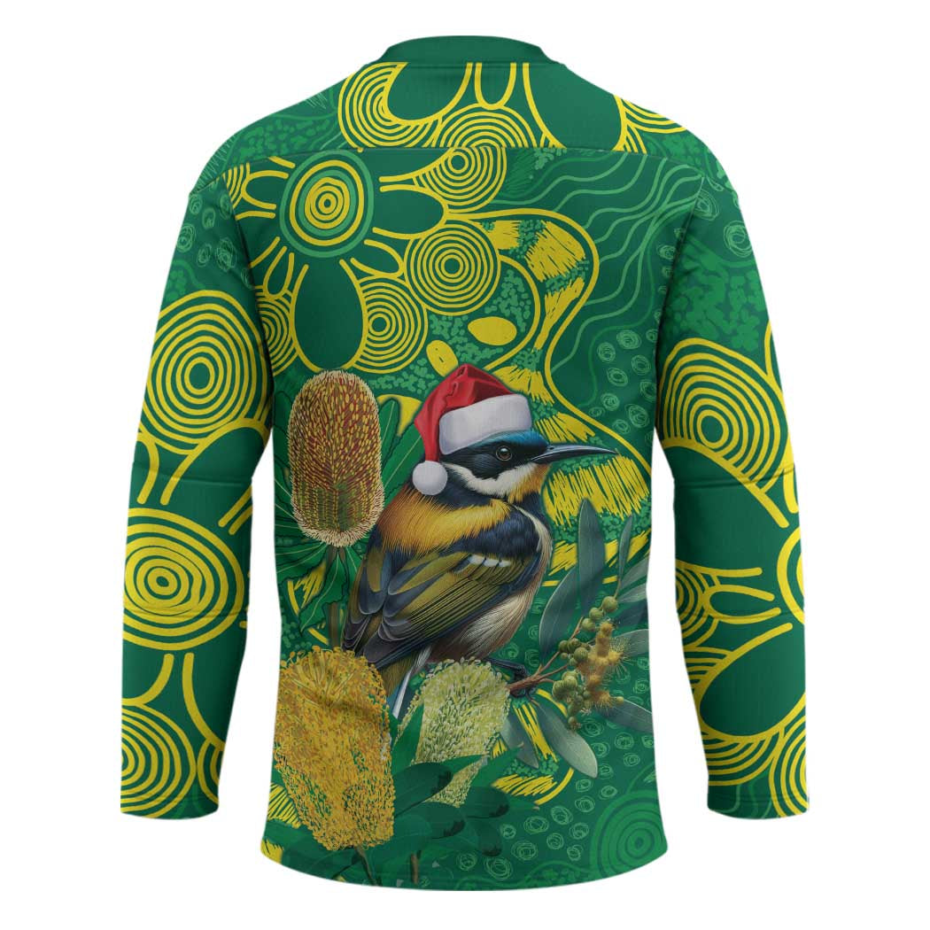 Aussie Honeyeaters Banksia Christmas Hockey Jersey Aboriginal Dots Painting Green Motif - Aussie Hoodie