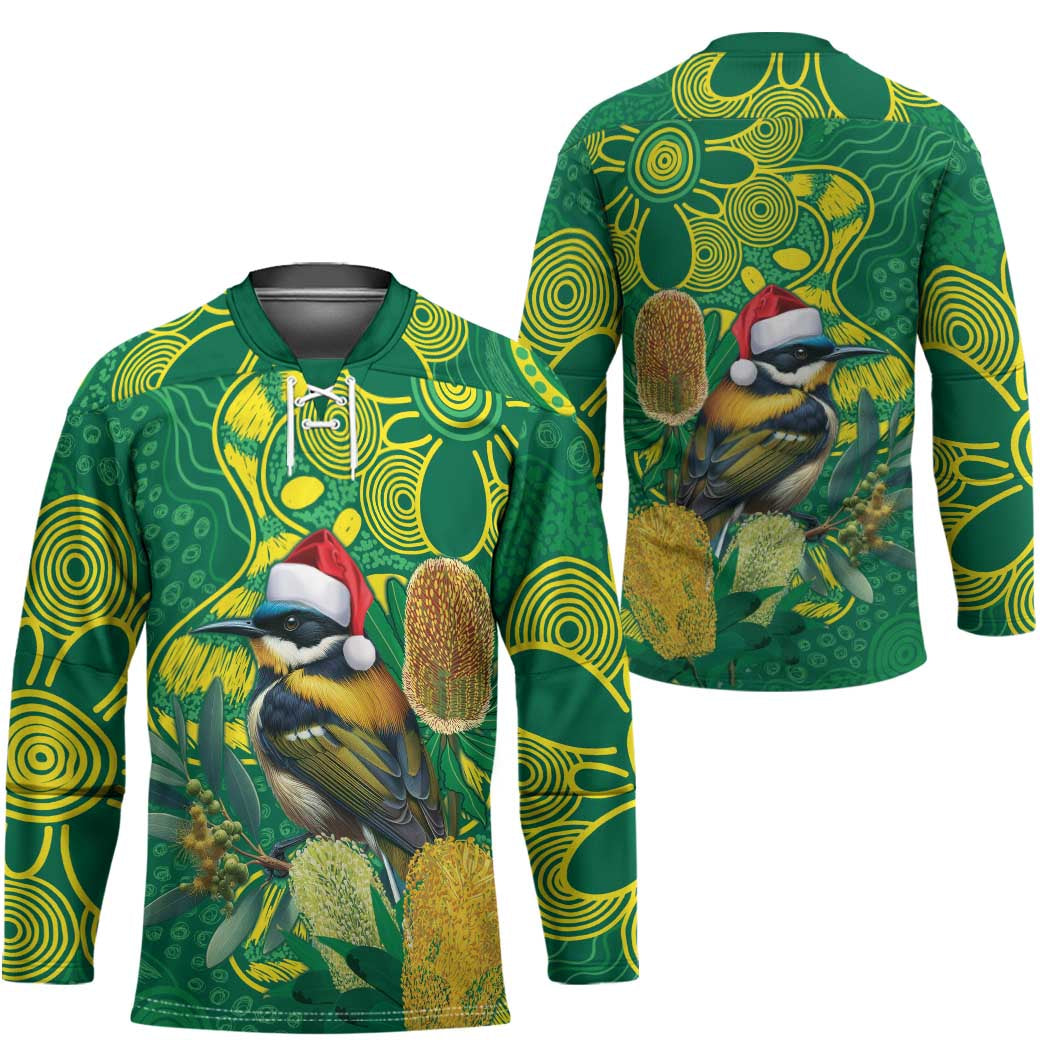 Aussie Honeyeaters Banksia Christmas Hockey Jersey Aboriginal Dots Painting Green Motif - Aussie Hoodie