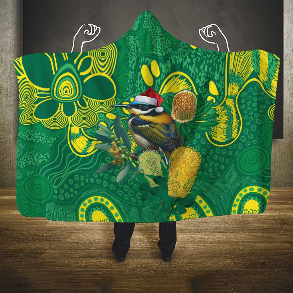 Aussie Honeyeaters Banksia Christmas Hooded Blanket Aboriginal Dots Painting Green Motif - Aussie Hoodie