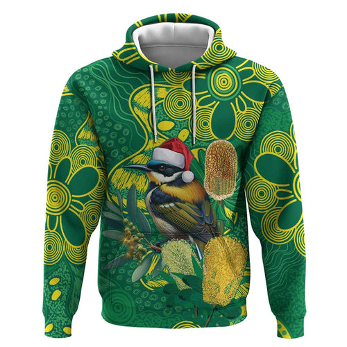 Aussie Honeyeaters Banksia Christmas Hoodie Aboriginal Dots Painting Green Motif - Aussie Hoodie