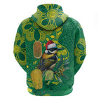 Aussie Honeyeaters Banksia Christmas Hoodie Aboriginal Dots Painting Green Motif - Aussie Hoodie