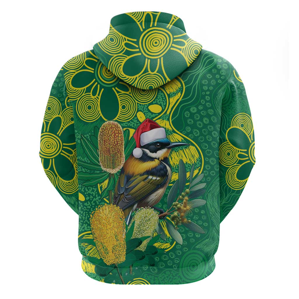 Aussie Honeyeaters Banksia Christmas Hoodie Aboriginal Dots Painting Green Motif - Aussie Hoodie