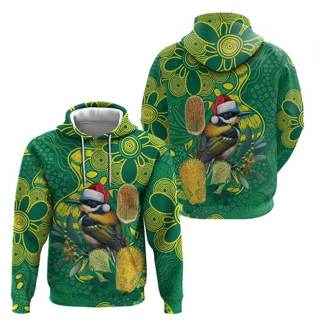 Aussie Honeyeaters Banksia Christmas Hoodie Aboriginal Dots Painting Green Motif - Aussie Hoodie