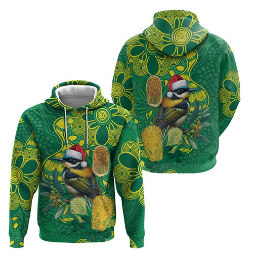 Aussie Honeyeaters Banksia Christmas Hoodie Aboriginal Dots Painting Green Motif - Aussie Hoodie