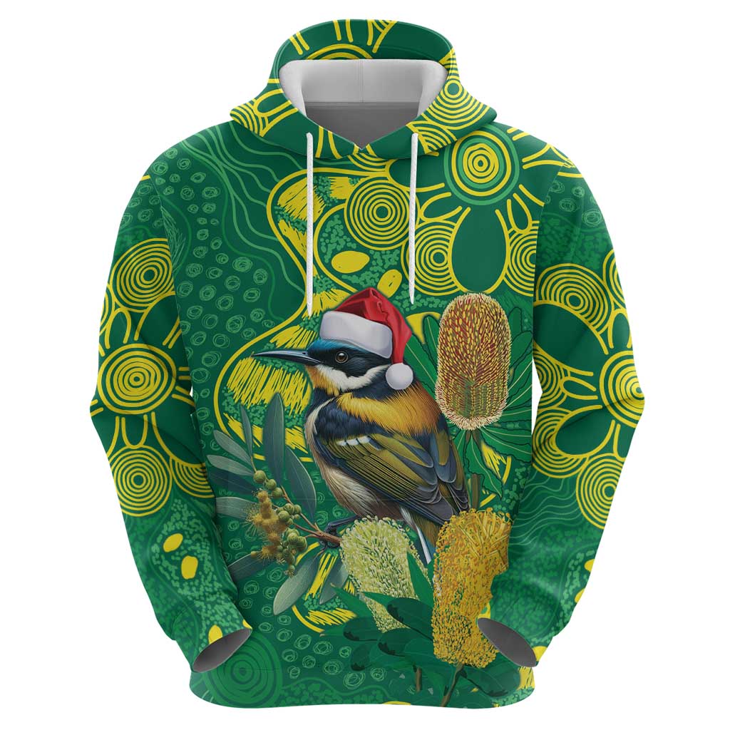 Aussie Honeyeaters Banksia Christmas Hoodie Aboriginal Dots Painting Green Motif - Aussie Hoodie