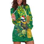 Aussie Honeyeaters Banksia Christmas Hoodie Dress Aboriginal Dots Painting Green Motif - Aussie Hoodie