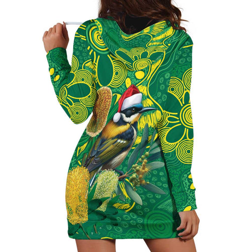 Aussie Honeyeaters Banksia Christmas Hoodie Dress Aboriginal Dots Painting Green Motif - Aussie Hoodie