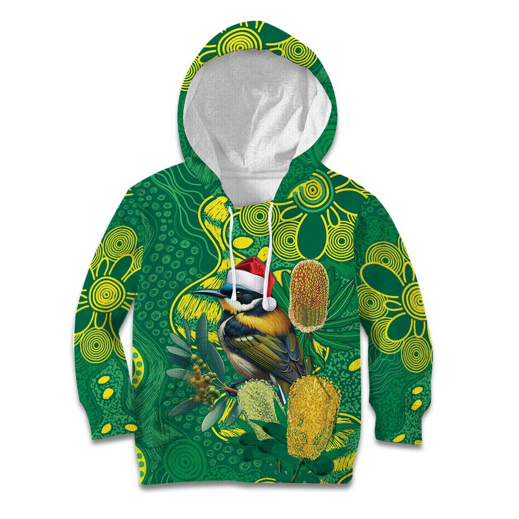 Aussie Honeyeaters Banksia Christmas Kid Hoodie Aboriginal Dots Painting Green Motif - Aussie Hoodie