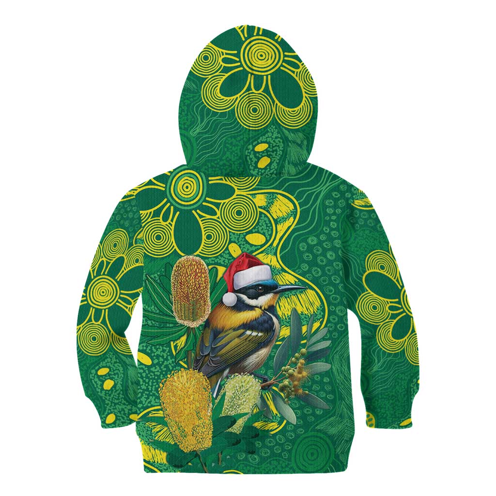 Aussie Honeyeaters Banksia Christmas Kid Hoodie Aboriginal Dots Painting Green Motif - Aussie Hoodie