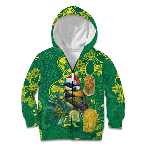 Aussie Honeyeaters Banksia Christmas Kid Hoodie Aboriginal Dots Painting Green Motif - Aussie Hoodie