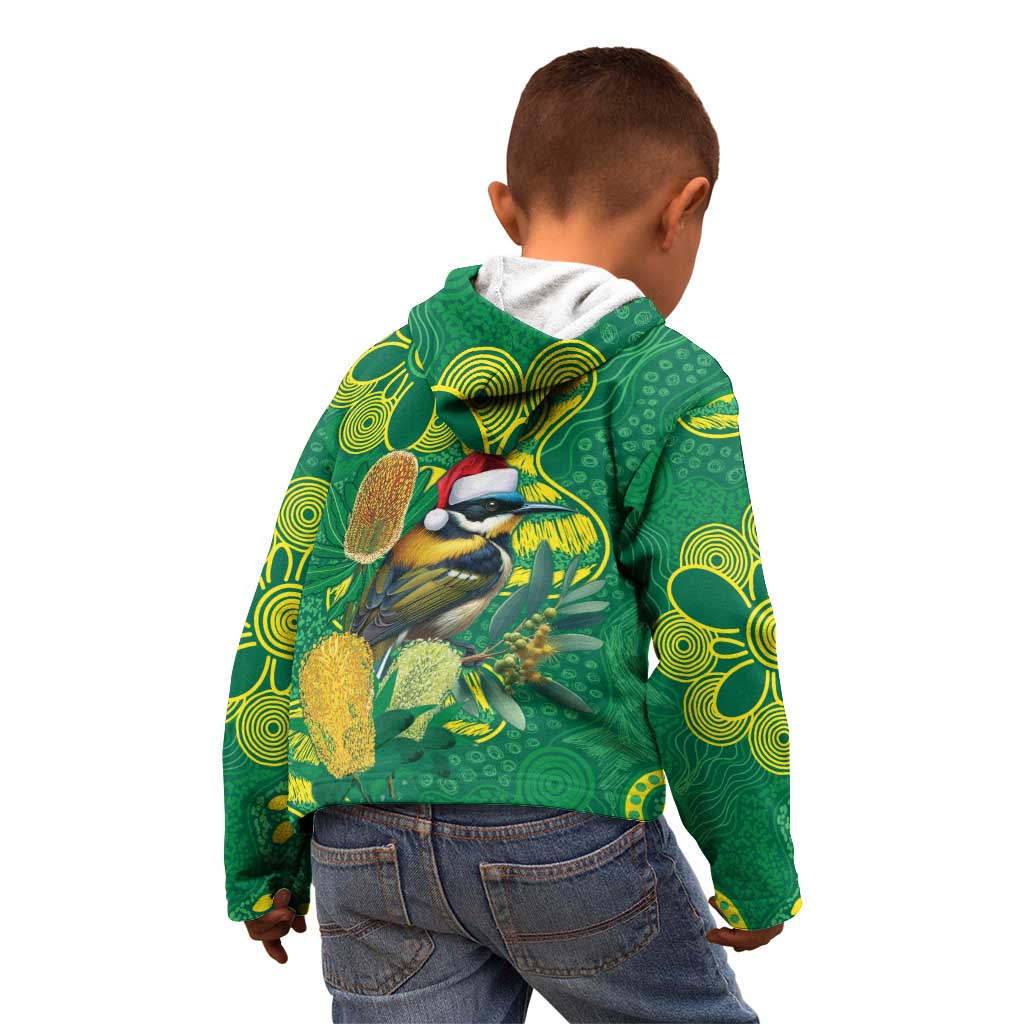 Aussie Honeyeaters Banksia Christmas Kid Hoodie Aboriginal Dots Painting Green Motif - Aussie Hoodie