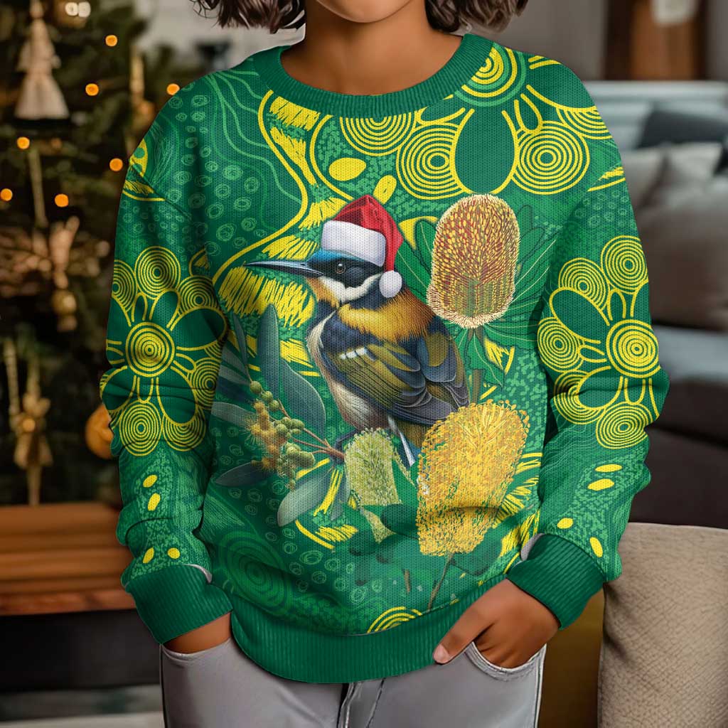 Aussie Honeyeaters Banksia Christmas Kid Ugly Christmas Sweater Aboriginal Dots Painting Green Motif - Aussie Hoodie