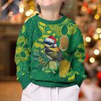 Aussie Honeyeaters Banksia Christmas Kid Ugly Christmas Sweater Aboriginal Dots Painting Green Motif - Aussie Hoodie
