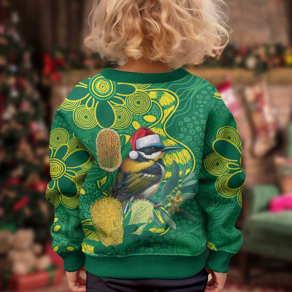 Aussie Honeyeaters Banksia Christmas Kid Ugly Christmas Sweater Aboriginal Dots Painting Green Motif - Aussie Hoodie
