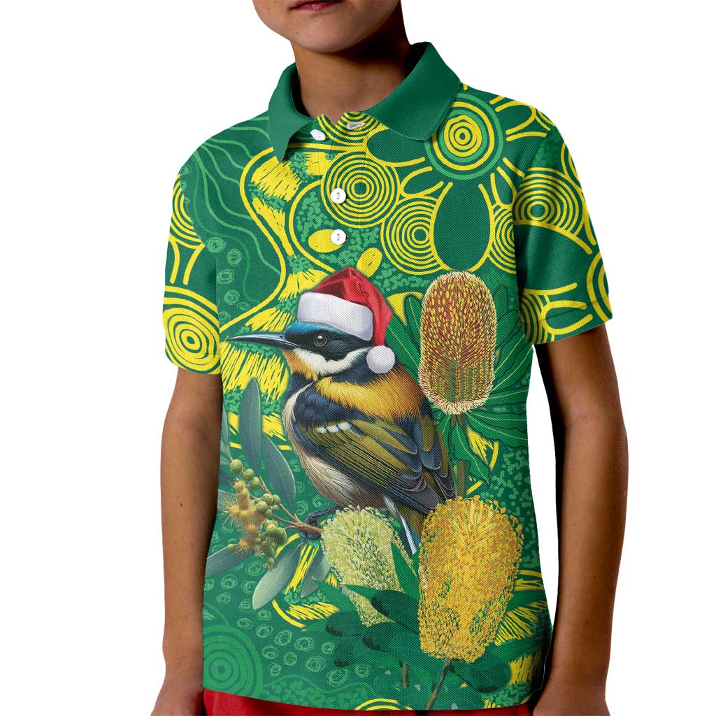 Aussie Honeyeaters Banksia Christmas Kid Polo Shirt Aboriginal Dots Painting Green Motif - Aussie Hoodie