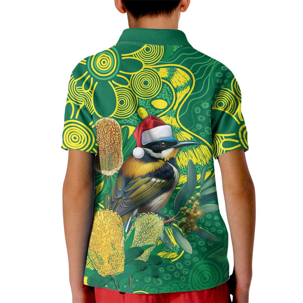 Aussie Honeyeaters Banksia Christmas Kid Polo Shirt Aboriginal Dots Painting Green Motif - Aussie Hoodie