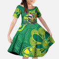 Aussie Honeyeaters Banksia Christmas Kid Short Sleeve Dress Aboriginal Dots Painting Green Motif - Aussie Hoodie