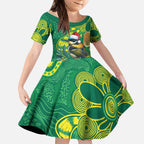 Aussie Honeyeaters Banksia Christmas Kid Short Sleeve Dress Aboriginal Dots Painting Green Motif - Aussie Hoodie