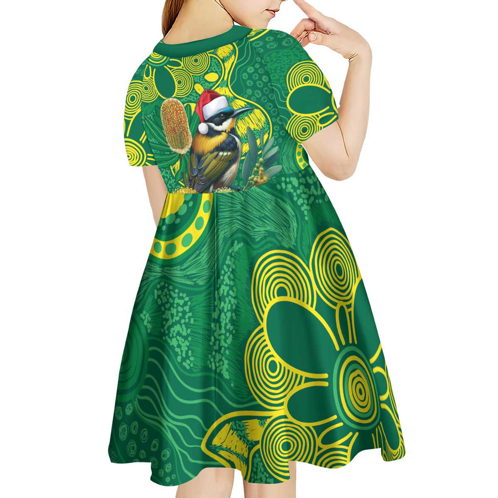 Aussie Honeyeaters Banksia Christmas Kid Short Sleeve Dress Aboriginal Dots Painting Green Motif - Aussie Hoodie