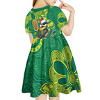 Aussie Honeyeaters Banksia Christmas Kid Short Sleeve Dress Aboriginal Dots Painting Green Motif - Aussie Hoodie