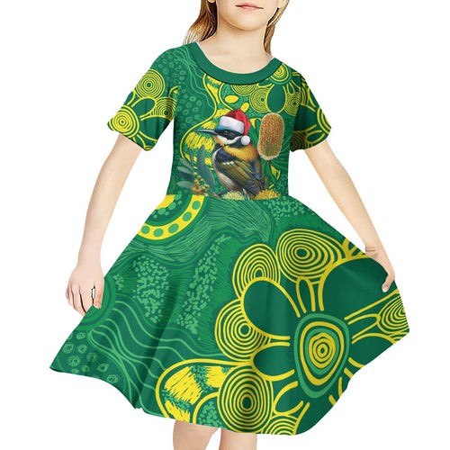 Aussie Honeyeaters Banksia Christmas Kid Short Sleeve Dress Aboriginal Dots Painting Green Motif - Aussie Hoodie