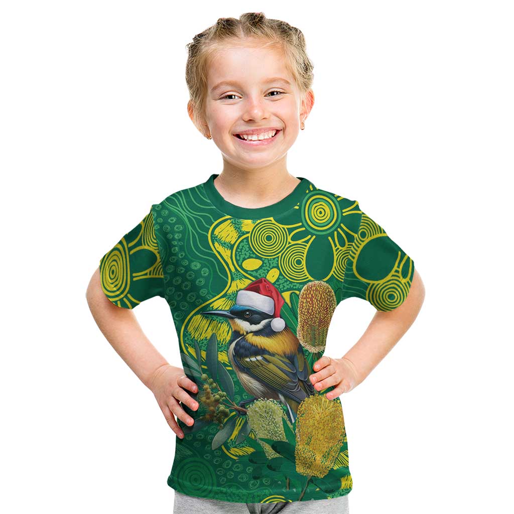 Aussie Honeyeaters Banksia Christmas Kid T Shirt Aboriginal Dots Painting Green Motif - Aussie Hoodie