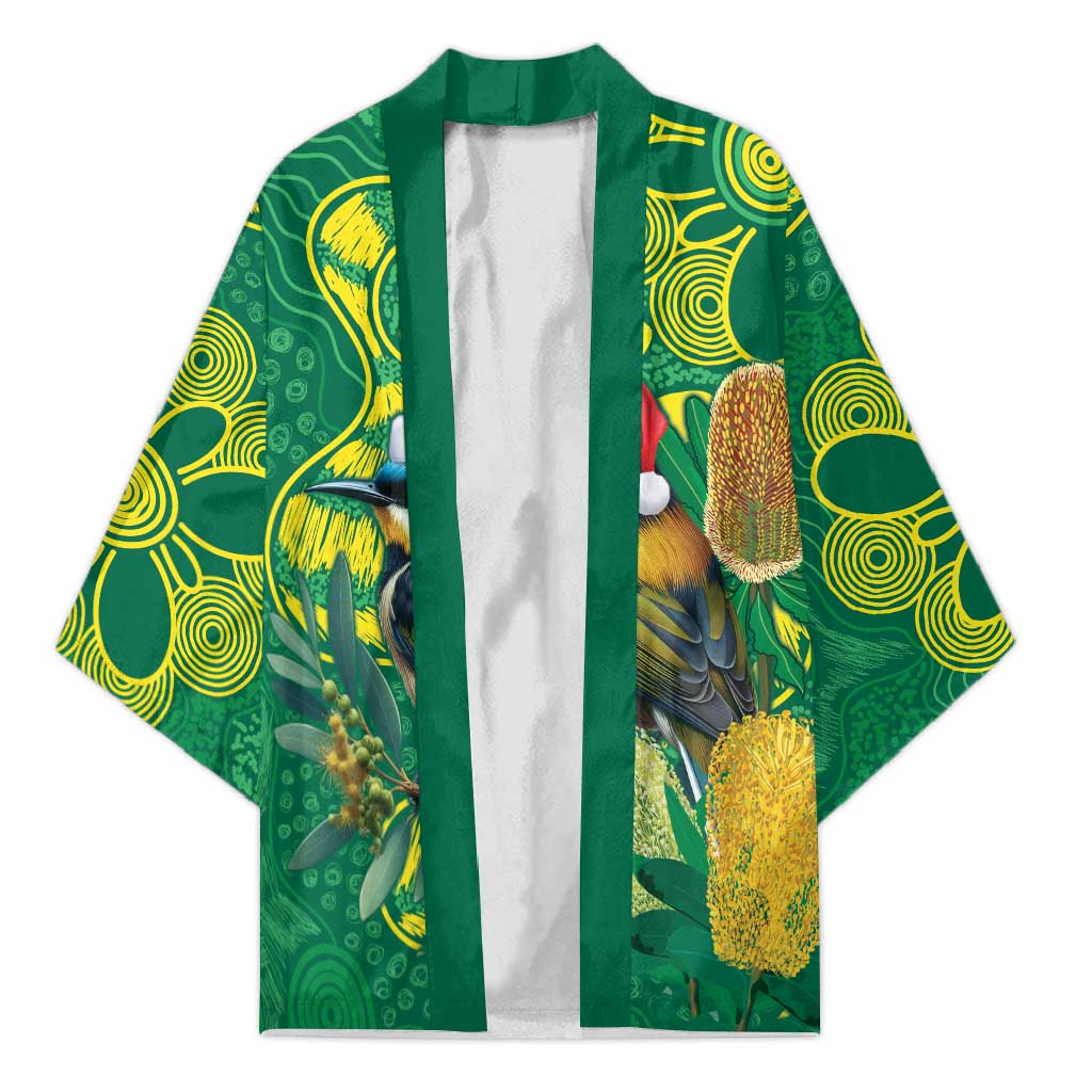 Aussie Honeyeaters Banksia Christmas Kimono Aboriginal Dots Painting Green Motif - Aussie Hoodie