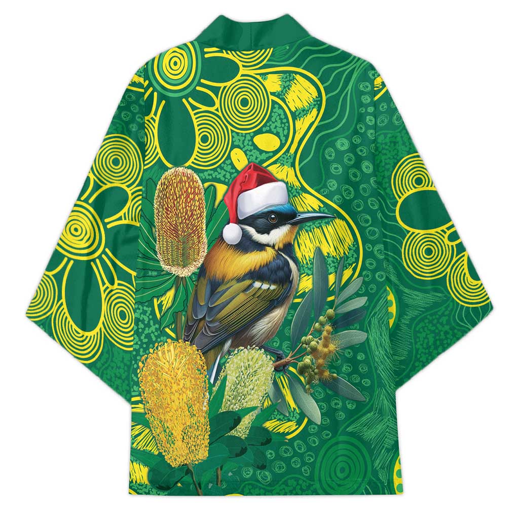 Aussie Honeyeaters Banksia Christmas Kimono Aboriginal Dots Painting Green Motif - Aussie Hoodie