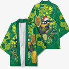 Aussie Honeyeaters Banksia Christmas Kimono Aboriginal Dots Painting Green Motif - Aussie Hoodie