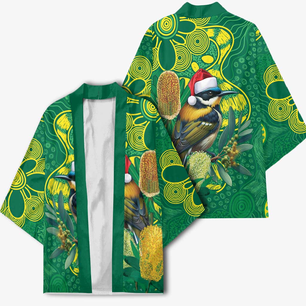 Aussie Honeyeaters Banksia Christmas Kimono Aboriginal Dots Painting Green Motif - Aussie Hoodie