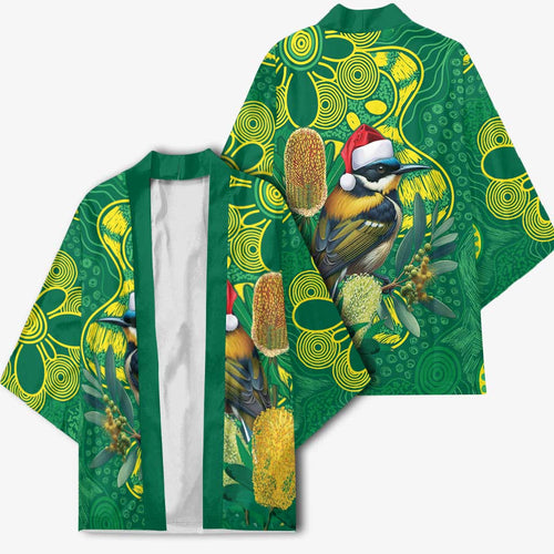 Aussie Honeyeaters Banksia Christmas Kimono Aboriginal Dots Painting Green Motif - Aussie Hoodie
