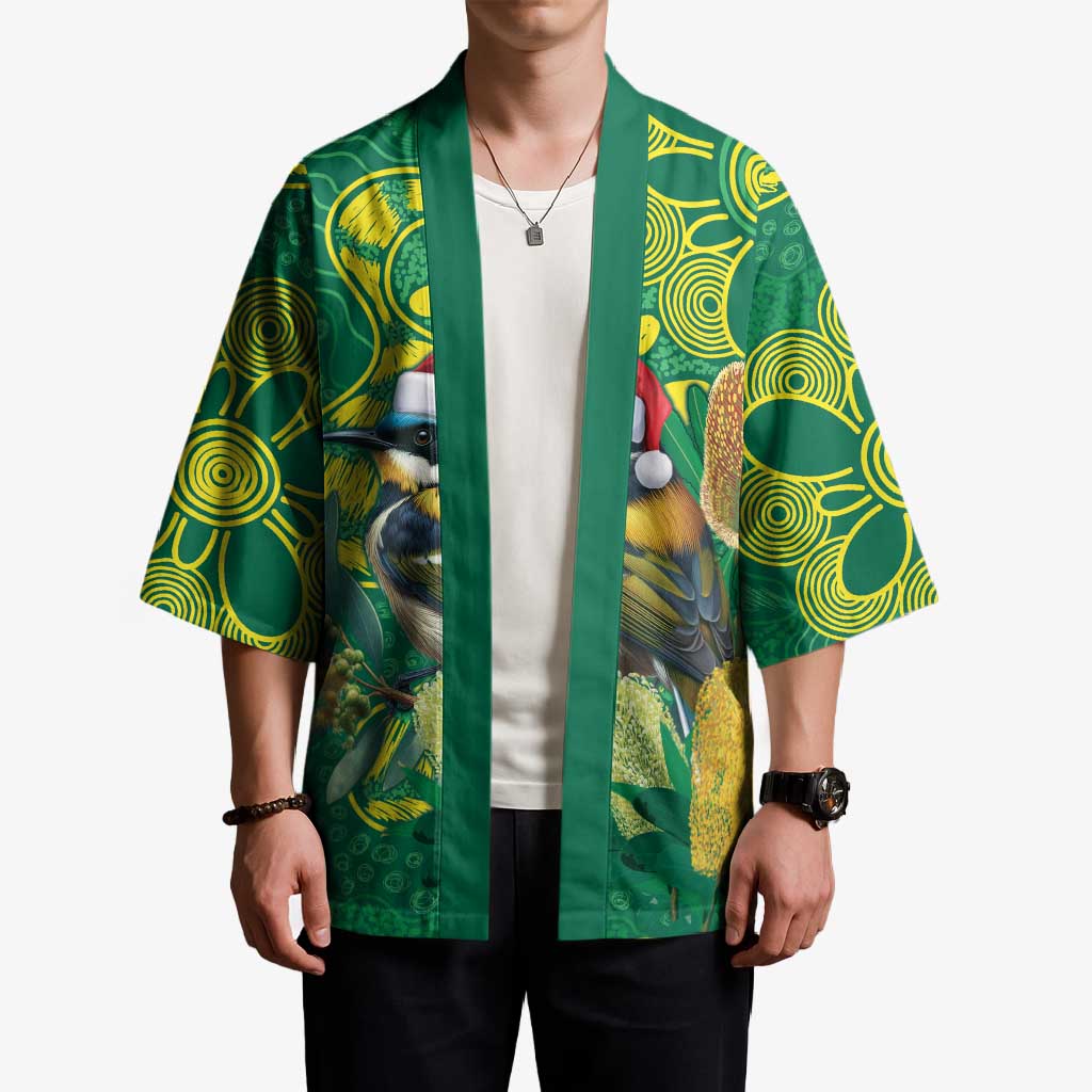 Aussie Honeyeaters Banksia Christmas Kimono Aboriginal Dots Painting Green Motif - Aussie Hoodie