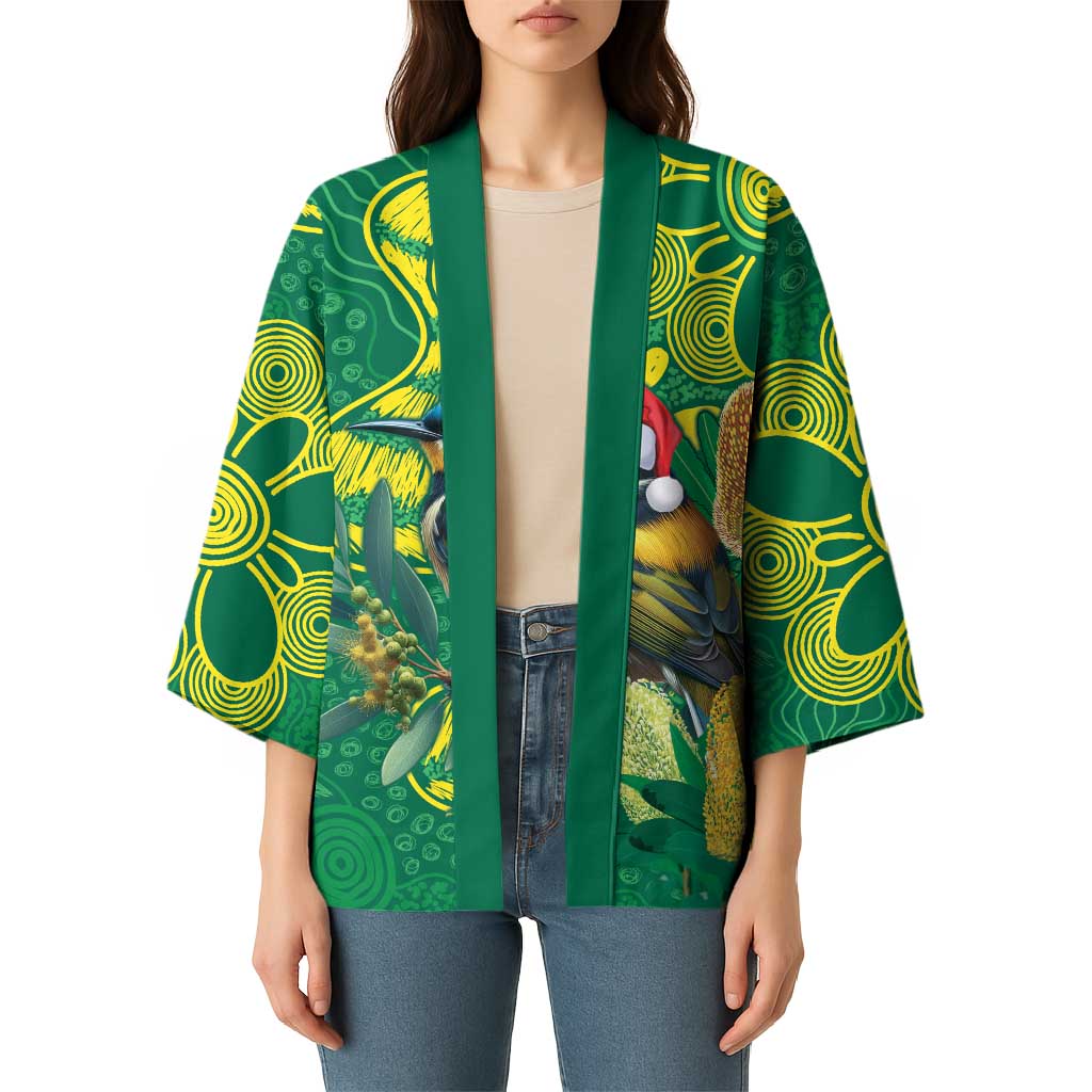 Aussie Honeyeaters Banksia Christmas Kimono Aboriginal Dots Painting Green Motif - Aussie Hoodie