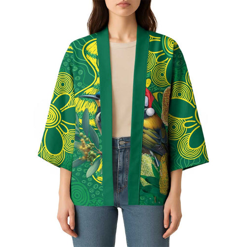Aussie Honeyeaters Banksia Christmas Kimono Aboriginal Dots Painting Green Motif - Aussie Hoodie