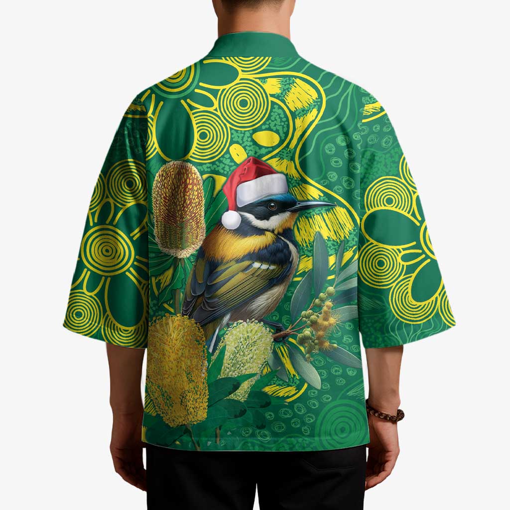Aussie Honeyeaters Banksia Christmas Kimono Aboriginal Dots Painting Green Motif - Aussie Hoodie