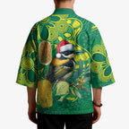 Aussie Honeyeaters Banksia Christmas Kimono Aboriginal Dots Painting Green Motif - Aussie Hoodie