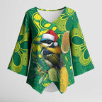 Aussie Honeyeaters Banksia Christmas Kimono Sleeve Blouse Aboriginal Dots Painting Green Motif - Aussie Hoodie