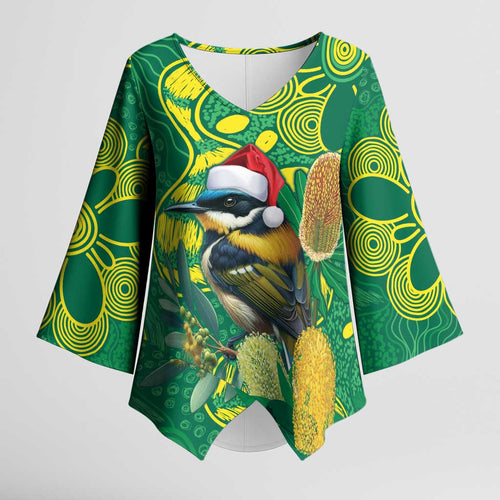 Aussie Honeyeaters Banksia Christmas Kimono Sleeve Blouse Aboriginal Dots Painting Green Motif - Aussie Hoodie
