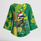 Aussie Honeyeaters Banksia Christmas Kimono Sleeve Blouse Aboriginal Dots Painting Green Motif - Aussie Hoodie
