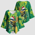 Aussie Honeyeaters Banksia Christmas Kimono Sleeve Blouse Aboriginal Dots Painting Green Motif - Aussie Hoodie