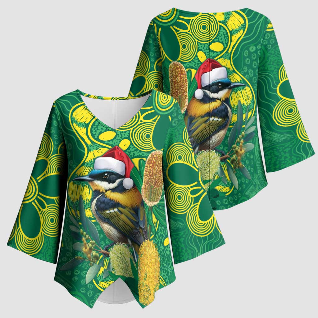 Aussie Honeyeaters Banksia Christmas Kimono Sleeve Blouse Aboriginal Dots Painting Green Motif - Aussie Hoodie