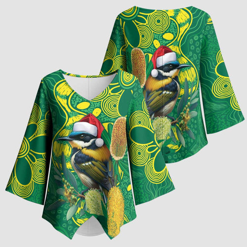 Aussie Honeyeaters Banksia Christmas Kimono Sleeve Blouse Aboriginal Dots Painting Green Motif - Aussie Hoodie