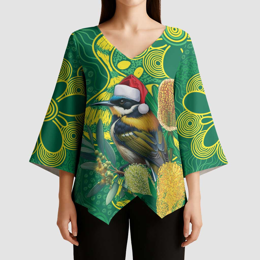 Aussie Honeyeaters Banksia Christmas Kimono Sleeve Blouse Aboriginal Dots Painting Green Motif - Aussie Hoodie