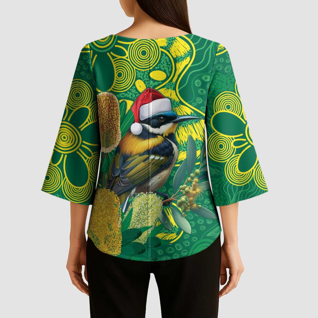 Aussie Honeyeaters Banksia Christmas Kimono Sleeve Blouse Aboriginal Dots Painting Green Motif - Aussie Hoodie