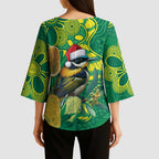 Aussie Honeyeaters Banksia Christmas Kimono Sleeve Blouse Aboriginal Dots Painting Green Motif - Aussie Hoodie