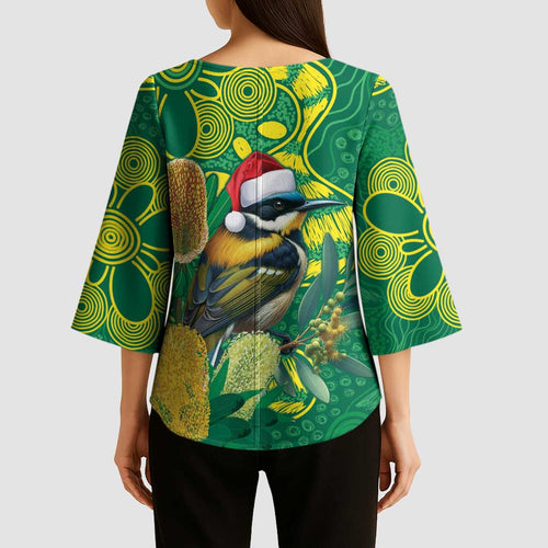 Aussie Honeyeaters Banksia Christmas Kimono Sleeve Blouse Aboriginal Dots Painting Green Motif - Aussie Hoodie