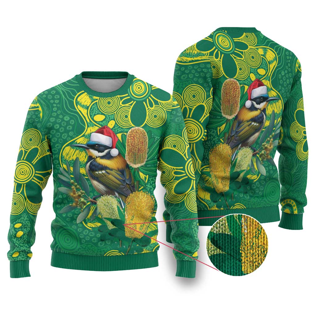 Aussie Honeyeaters Banksia Christmas Ugly Christmas Sweater Aboriginal Dots Painting Green Motif - Aussie Hoodie