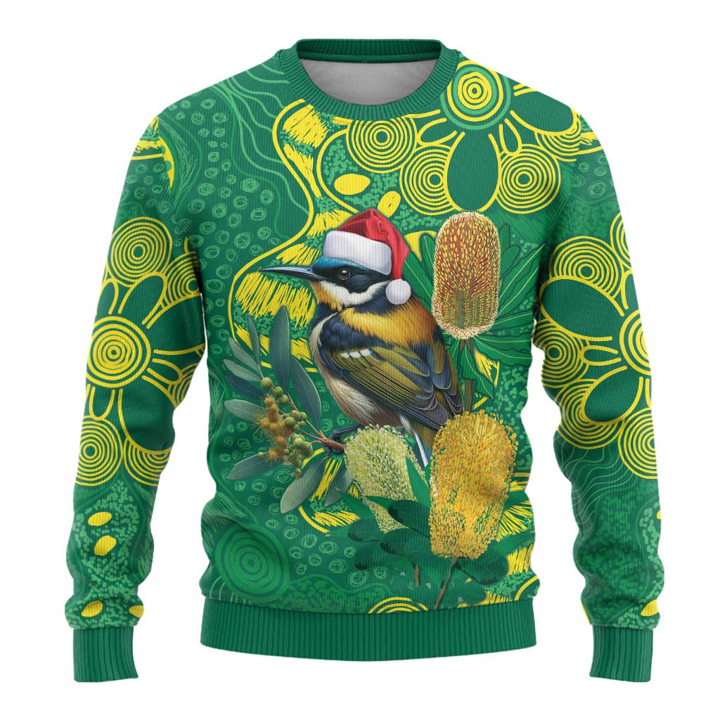 Aussie Honeyeaters Banksia Christmas Ugly Christmas Sweater Aboriginal Dots Painting Green Motif - Aussie Hoodie