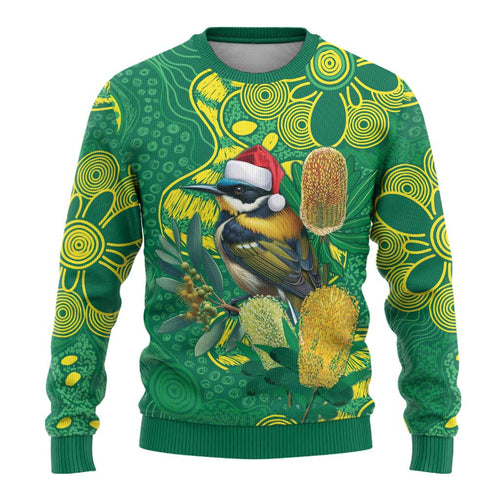 Aussie Honeyeaters Banksia Christmas Ugly Christmas Sweater Aboriginal Dots Painting Green Motif - Aussie Hoodie