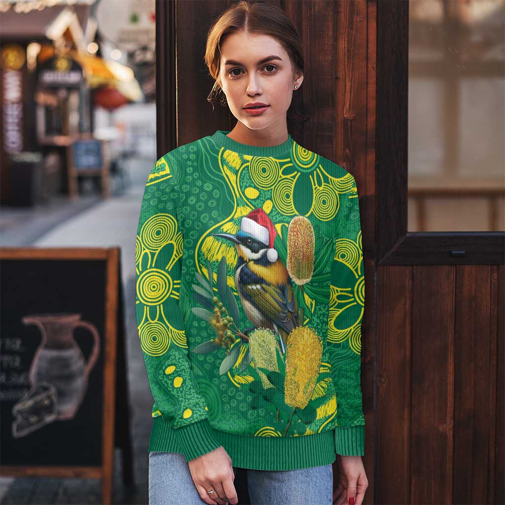 Aussie Honeyeaters Banksia Christmas Ugly Christmas Sweater Aboriginal Dots Painting Green Motif - Aussie Hoodie